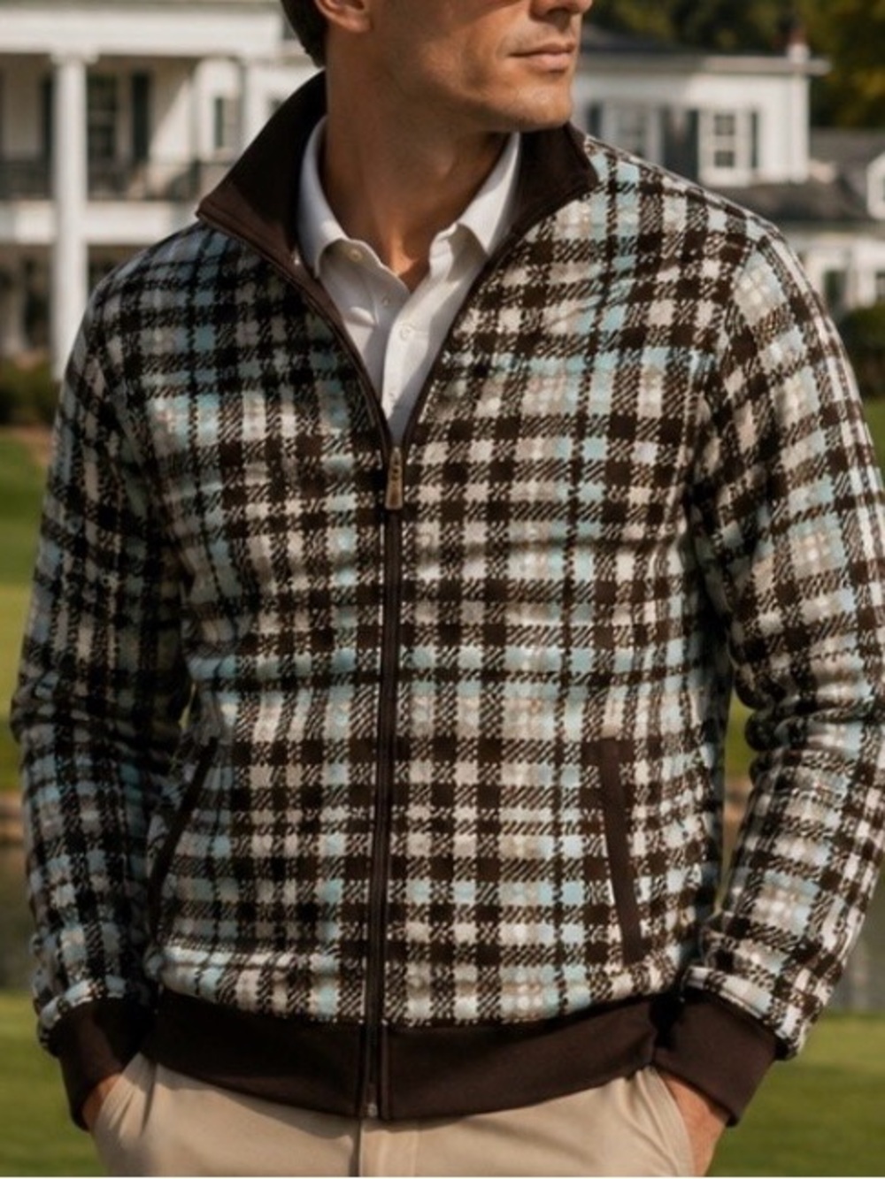 Ben Sherman Men’s Medium Plaid Track Jacket Brown Aqua Full Zip Retro